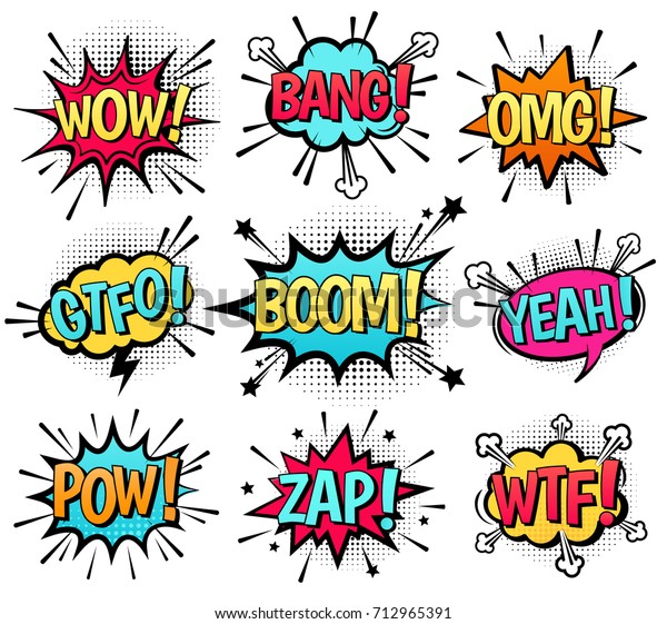Comic speech bubble set\
with  text: Wow, Bang, Omg, Gtfo, Boom, Yeah, Pow, Zap, Wtf. Vector\
cartoon explosions with different emotions isolated on white\
background.