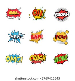 Comic Speech Bubble Set. Words Oh Hey Bam Pow OMG Crash. Pop Art Expression Effects. Cartoon Vector Collection