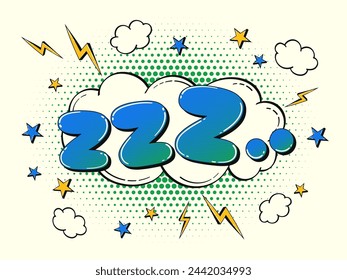 Comic speech bubble in the shape of a cloud with halftone effect. Multicolored illustration with the word "Zzz" in retro comic style.