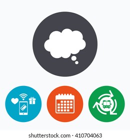 Comic speech bubble sign icon. Chat think symbol. Mobile payments, calendar and wifi icons. Bus shuttle.