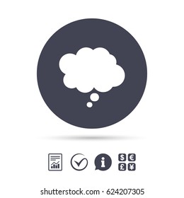 Comic speech bubble sign icon. Chat think symbol. Report document, information and check tick icons. Currency exchange. Vector