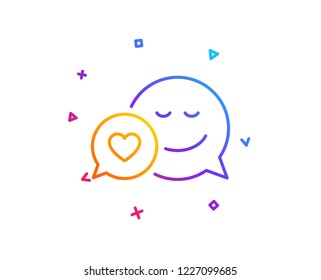 Comic speech bubble with Smile line icon. Chat emotion with heart sign. Gradient line button. Dating icon design. Colorful geometric shapes. Vector
