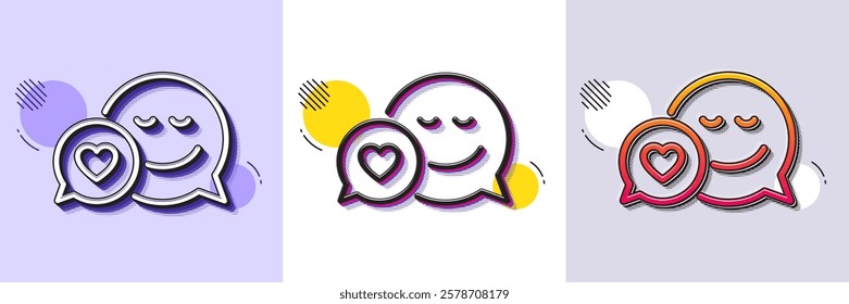 Comic speech bubble with Smile line icon. Halftone dotted pattern. Gradient icon with grain shadow. Chat emotion with heart sign. Line dating icon. Various designs. Vector