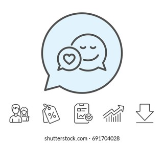 Comic speech bubble with Smile line icon. Chat emotion with heart sign. Report, Sale Coupons and Chart line signs. Download, Group icons. Editable stroke. Vector