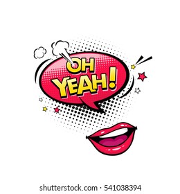 Comic speech bubble with stars, emotional text Oh Yeah! and open female mouth smiling. Vector bright dynamic cartoon illustration in pop art style isolated on white background