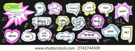  Comic Speech bubble sticker set with phrases and grid paper cut style. Boom pop collage effect. Doodle onomatopoeia. Y2K neon boom art. For chat, social media, messaging, print, scrapbook design.
