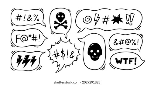 Comic speech bubble with swear words symbols. Hand drawn speech bubble with curses, lightning, skull, bomb and bones. Vector illustration isolated in doodle style on white background.