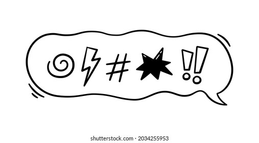 Comic Speech Bubble With Swear Words Symbols. Hand Drawn Speech Bubble With Curse, Lightning, Bomb. Vector Illustration Isolated In Doodle Style On White Background.