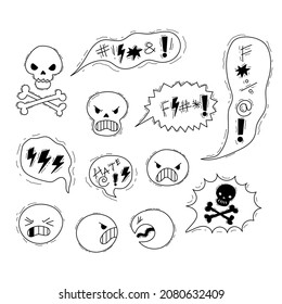 Comic speech bubble with swear words symbols. Doodle hand drawn speech bubble with curses, skull, bones, lightning. Angry screaming face emoji. Vector illustration isolated on white.