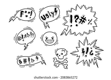 Comic speech bubble with swear words symbols. Doodle hand drawn speech bubble with curses, skull, bones, lightning. Angry smile face emoji. Vector illustration isolated on white.