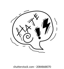 Comic speech bubble with swear words symbols. Doodle hand drawn speech bubble with hate, curses, lightning. Angry smile face emoji. Vector illustration isolated on white.