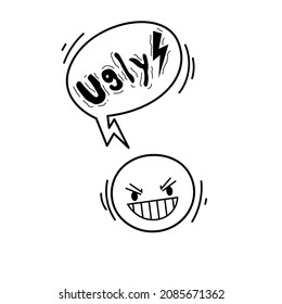 Comic speech bubble with swear words symbols. Doodle hand drawn speech bubble emoticon with curses, lightning. Angry smile face emoji. Vector illustration isolated on white.