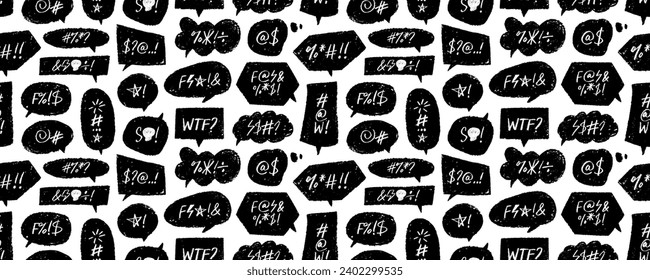 Comic speech bubble with swear words seamless pattern. Hand drawn charcoal speech bubble with abstract curses and skull. Seamless vector banner background in doodle sketch style.