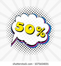 Comic speech bubble with text discount 50%, sound effect cloud of color phrase vector illustration