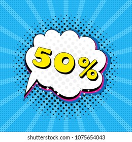 Comic speech bubble with text discount 50%, sound effect cloud of color phrase vector illustration