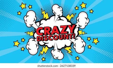 Comic speech bubble with text Discount!, colorful halftone vintage pop art background design