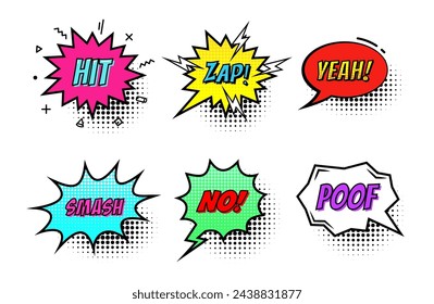 Comic speech bubble with text Hit, Zap, Yeah, Smash, No, Poof isolated on white background. Cartoon style. Vector flat illustration.