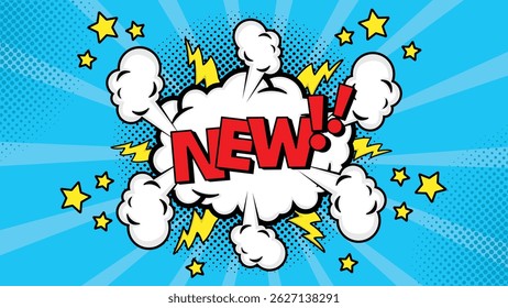 Comic speech bubble with text New!, colorful halftone vintage pop art background design