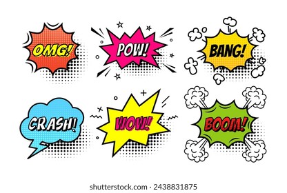 Comic speech bubble with text Omg, Pow, Bang, Crash, Wow, Boom isolated on white background. Cartoon style. Vector flat illustration.