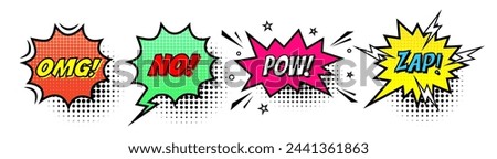 Comic speech bubble with text Omg, No, Pow, Zap isolated on white background. Cartoon style. Vector flat illustration.