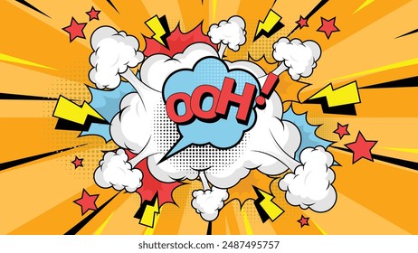 Comic speech bubble with text Ooh!, vintage pop art halftone colorful background