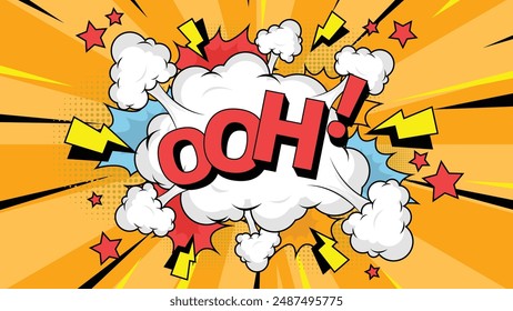 Comic speech bubble with text Ooh!, colorful halftone vintage pop art background