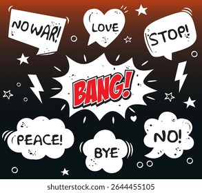 Bolha de fala cômica com texto paz, bang, sem guerra, isolado no fundo preto. Falar vetor de bolhas 