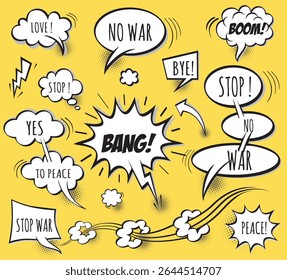 Bolha de fala cômica com texto paz, boom, ajuda, parar a guerra.  Ilustração plana vetorial.