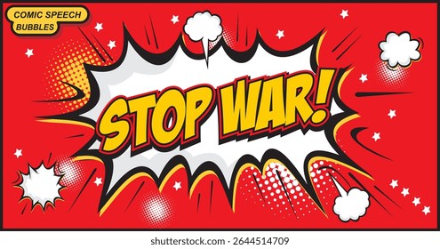 Bolha de fala cômica com texto paz, boom, ajuda, parar a guerra.  Ilustração plana vetorial.