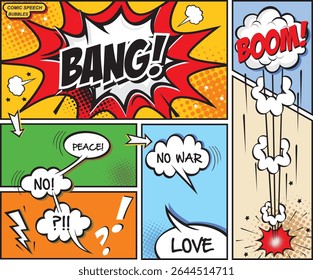 Bolha de fala cômica com texto paz, boom, ajuda, parar a guerra.  Ilustração plana vetorial.