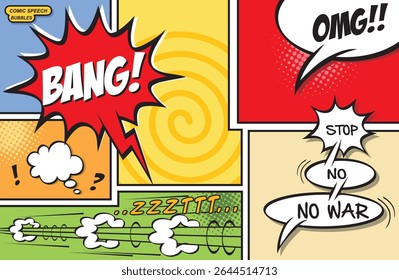 Bolha de fala cômica com texto paz, boom, ajuda, parar a guerra.  Ilustração plana vetorial.