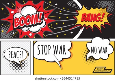 Bolha de fala cômica com texto paz, boom, ajuda, parar a guerra.  Ilustração plana vetorial.