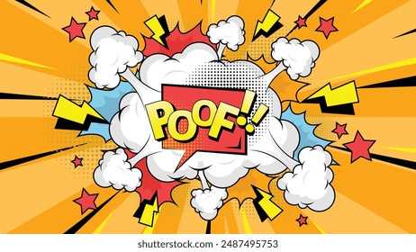 Comic speech bubble with text Poof!, vintage pop art halftone colorful background