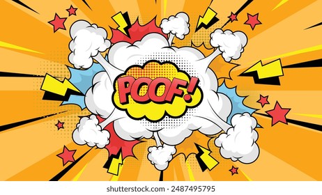 Comic-Sprechblase mit Text Poof!, Vintage Pop Art Halbton bunter Hintergrund