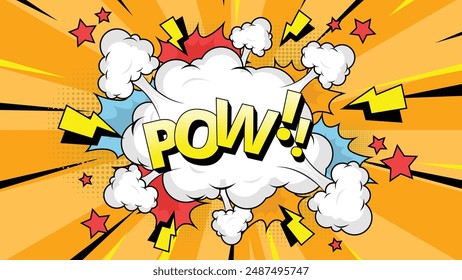 Comic speech bubble with text Pow!, colorful halftone vintage pop art background