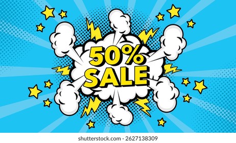 Comic speech bubble with text sale, colorful halftone vintage pop art background design