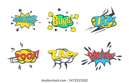 Comic Speech Bubble with Text Set, Comic Sound Effects, Bung, Crush, Zap, Poof Vector Illustration