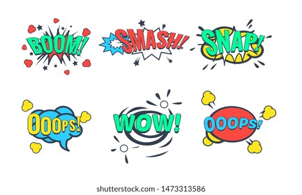 Comic Speech Bubble with Text Set, Comic Sound Effects, Wow, Boom, Snap, Smash Vector Illustration