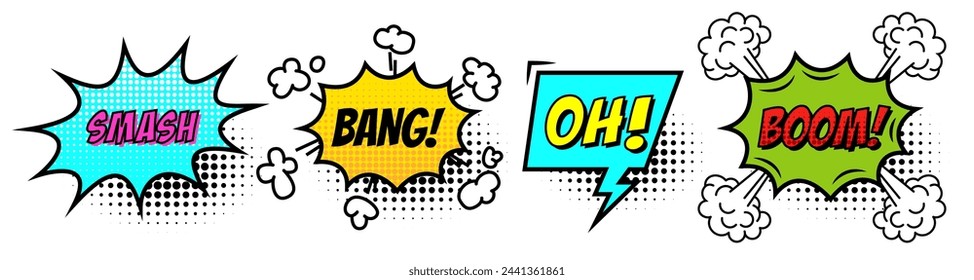 Comic speech bubble with text Smash, Bang, Oh, Boom isolated on white background. Cartoon style. Vector flat illustration.