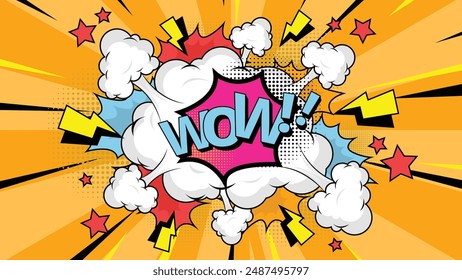 Comic speech bubble with text Wow!, vintage pop art halftone colorful background