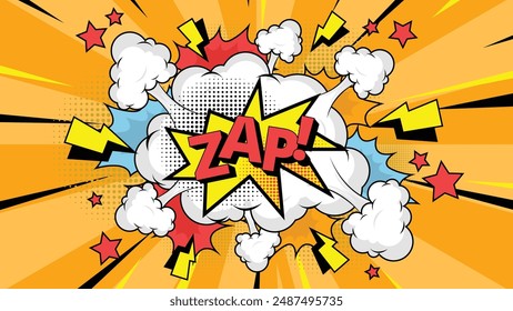 Comic speech bubble with text Zap!, vintage pop art halftone colorful background