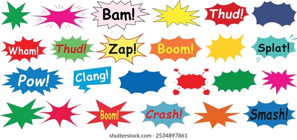 Comic speech bubble vector, comic book sound effects, colorful pop art design with Bam, Thud, Zap, Boom and more in explosion shapes, perfect comic boom for action theme graphics, retro design