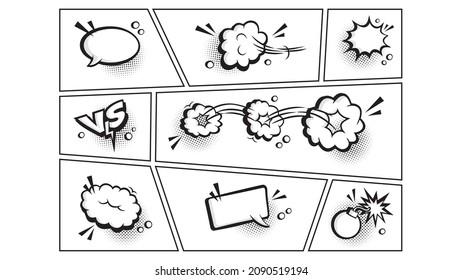 Comic speech bubble vector set, cartoon balloon on template page, fun retro frame with halftone elements, expression clouds in pop art style. Black and white humor illustration