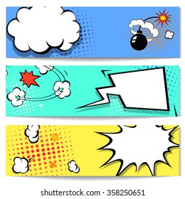 Comic Speech Bubble  Web Header Set  With Explosion -  Banner Comics Background.  Vector 