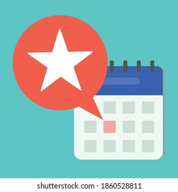 Comic Speech Bubble With White Star And Blue Calendar With Marked Date. Super Chance Concept, Special Day, Holiday, Unique Event, Talent Show Icon. Vector Eps 8.