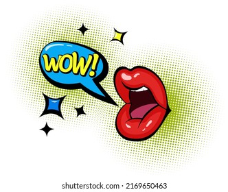 Comic speech bubble. Wow and female lips in pop art style. Cartoon illustration with Halftone Dot background. Isolated. Vector illustration