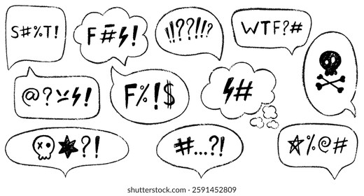 Comic speech bubbles with angry, swear words. Hand drawn crayon speech bubbles with the curses, insults, vulgar rage, swear word symbol and offensive language. Bad words in comic dialog box or frame