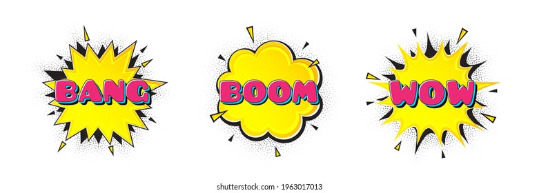 Comic speech bubbles with Bang, Boom and Wow tags. Pop art surprise expression banners. Message speech bubble with Bang, Wow tags. Boom talk cloud banner. Retro comic explosion message. Vector