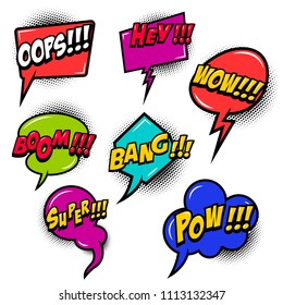 Comic speech bubbles burst the boom, wow, hey, ok, omg, crash. For poster, card, banner, flyer. Vector image