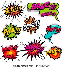 Comic speech bubbles burst the boom, wow, hey, ok, omg, crash. For poster, card, banner, flyer. Vector image